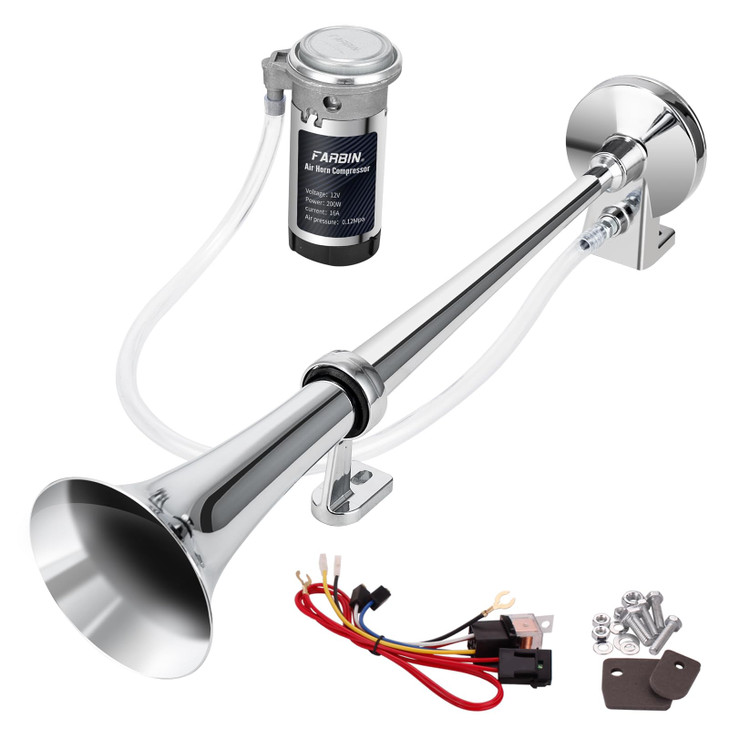 FARBIN 12V 150db Air Horn kit Super Loud 18 Inches Chrome Zinc Single Trumpet Truck Horn Train Horn with Compressor for