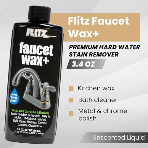 Flitz Faucet Wax Plus 34oz Bottle of USAMade WaterBased Faucet Cleaner Polisher for Water Stains Fingerprints More Metal