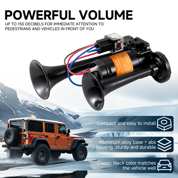 BANHAO Electric Air Horn for Truck 150dB Super Loud Black Horns Dual Trumpet with Compressor for Any 12V Vehicles Trucks