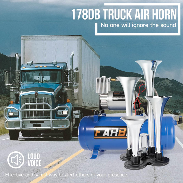FARBIN Train Horn for Truck 178DB Super Loud Air Horns 4 Trumpet Horns Kit with 150 PSI 12V Air Compressor 6L Air Tank f
