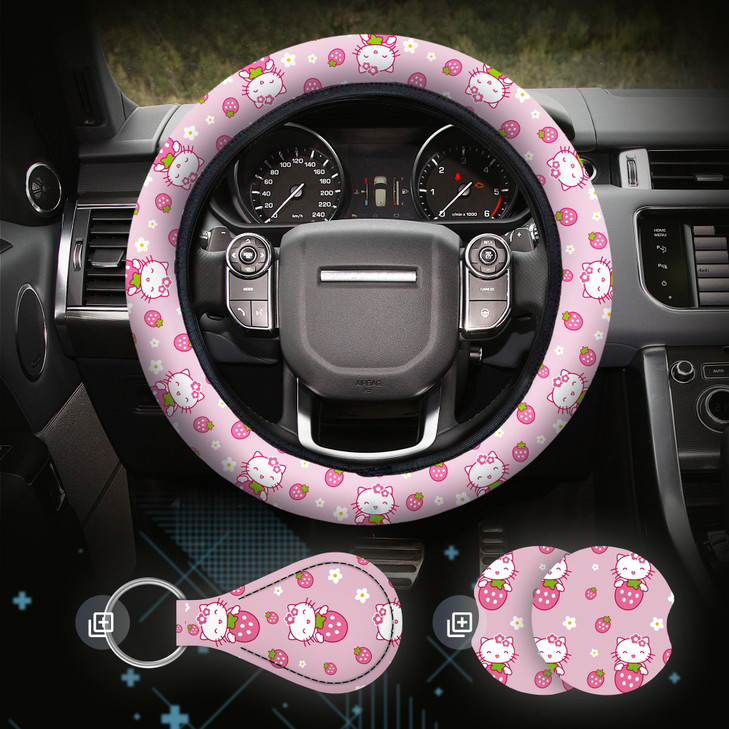 Kitty Accessories Car Strawberry Pink Cat Wheel Cover Y2K Car Accessories Girly Steering Wheel Cover Universal Fit 14515