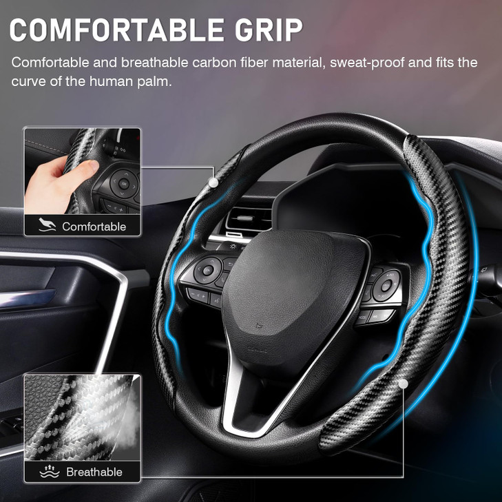 Cartist Carbon Fiber Steering Wheel Cover AntiSlip Steering Wheel Cover for MenWomen Durable Universal Car Accessory Bla