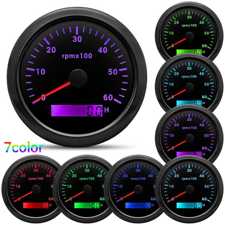 ARTILAURA Tachometer Boat Tacometro 85mm 338 6000 RPM Gauge 7 Color Waterproof for Marine Car AUTO Truck 932V All Black