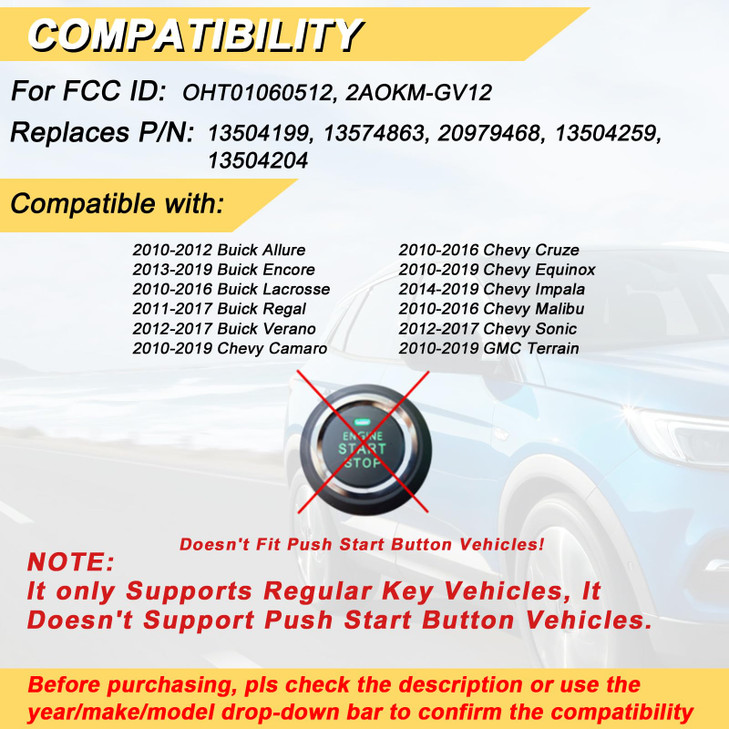 Vurkcy Key Fob Replacement for 20142019 Buick Encore 1012 Allure 1016 Lacrosse 1117 Regal 1217 Verano 1019 Chevy Equinox