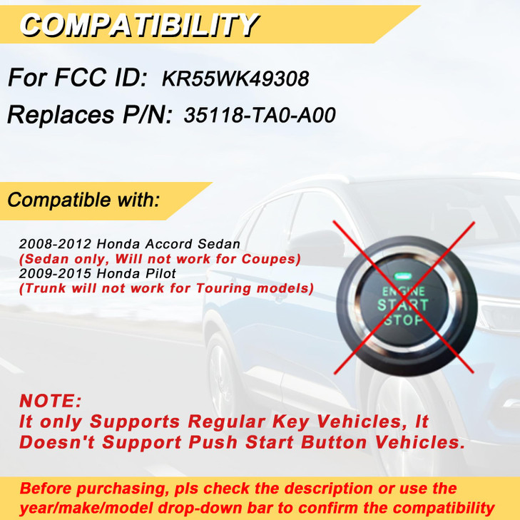Vurkcy Key Fob Replacement for 20082012 Honda Accord SedanNot Coupes 20092015 PilotNot Touring Car Keyless Entry Remote