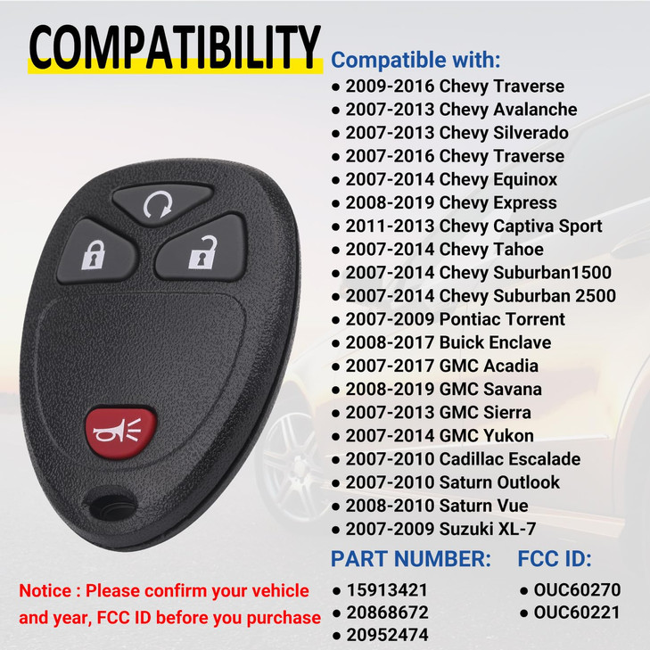 Vurkcy Key Fob Replacement for 20072014 Chevy Silverado Suburban Avalanche Tahoe Equinox Traverse Escalade 0713 Gmc Sier