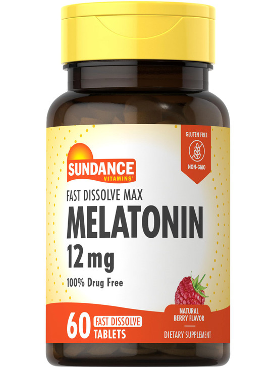 Sundance Melatonin 12mg | 60 Fast Dissolve Tablets | Natural Berry Flavor | Vegetarian, Non-GMO, and Gluten Free Supplement