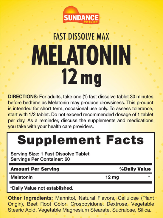 Sundance Melatonin 12mg | 60 Fast Dissolve Tablets | Natural Berry Flavor | Vegetarian, Non-GMO, and Gluten Free Supplement