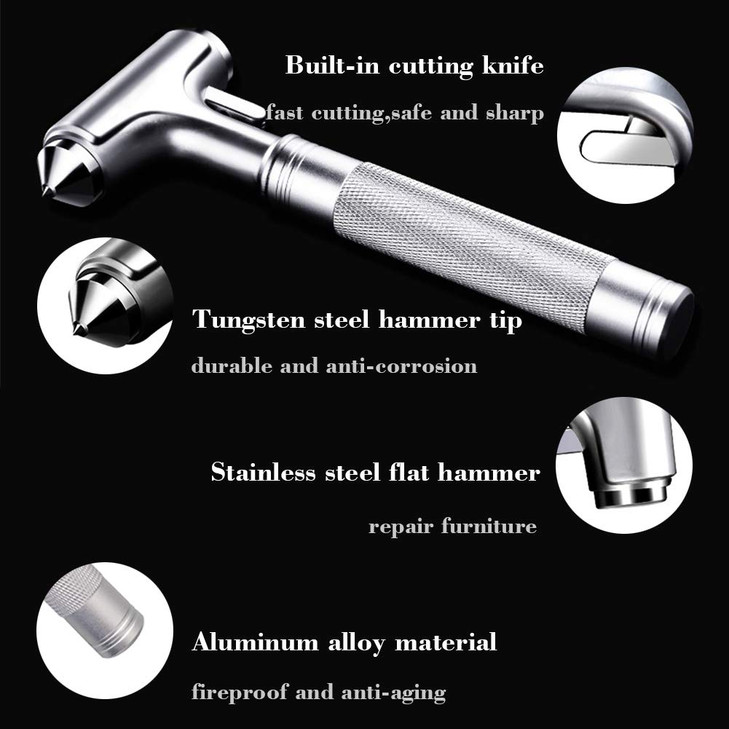 Serjur All Metal Safety Hammer with Window Breaker and Seatbelt Cutter 3in1 Emergency Escape Tool for Car HeavyDuty Alum