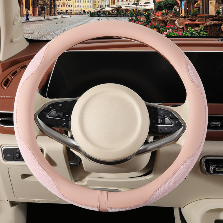 Binsheo Nappa Leather Pink Steering Wheel Cover Advanced Microfiber Leather NonSlip Breathable Fabric Warm in Winter and