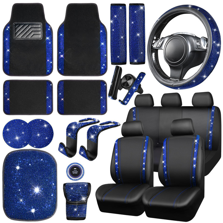 CAR PASS 23 PCS Bling Diamond Car Accessories Set for Women Leather Seat Covers Full Set Sparkly Rhinestone15 Steering W