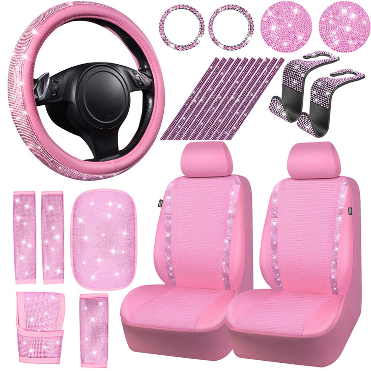 CAR PASS 24 PCS Pink Bling Diamond Accessories Set for Women Leather Seat Covers 15 Steering Wheel Cover Shining Rhinest