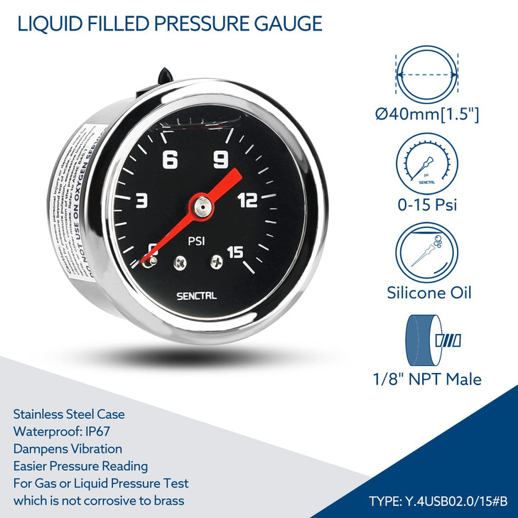 SENCTRL 015 Psi Fuel Pressure Gauge 112 Black Dial 18 NPT Back Mount Silicone Oil Liquid Filled Stainless Steel Case Inl