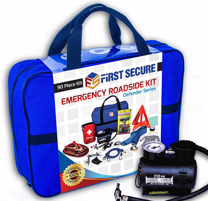 Car Emergency Kit with Air Compressor Jumper Cables First Aid Tow Strap Tire Gauge Headlamp Roadside Safety Kit for Wome