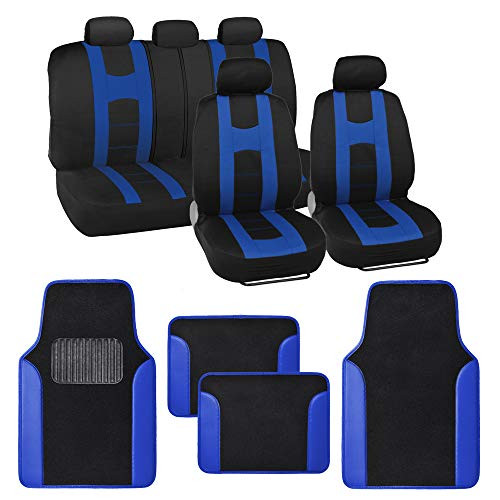 carXS Forza Series Blue Seat Covers Full Set Combo with Car Floor Mats Front and Rear Bench Cover Protector Set Interior
