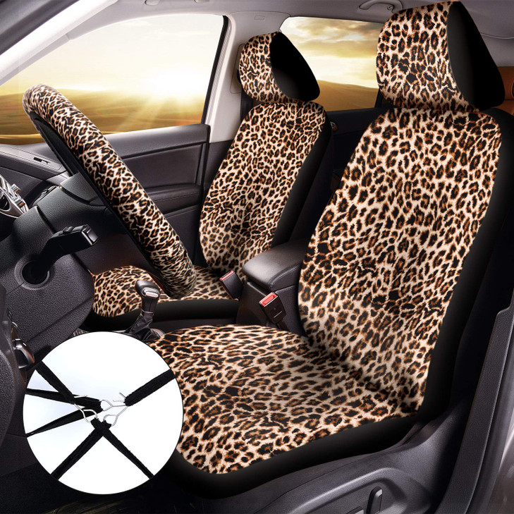 Frienda 13 Pieces Leopard Print Car Seat Covers Full Set Leopard Car Accessories Set Leopard Seat Covers Steering Wheel