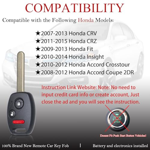 MechanMagic 2PCS Key Fob Remote Replacement Fits Honda CRV 2007 2008 2009 20102013CRZ 2011 2014 2015FitInsightAccord Cou