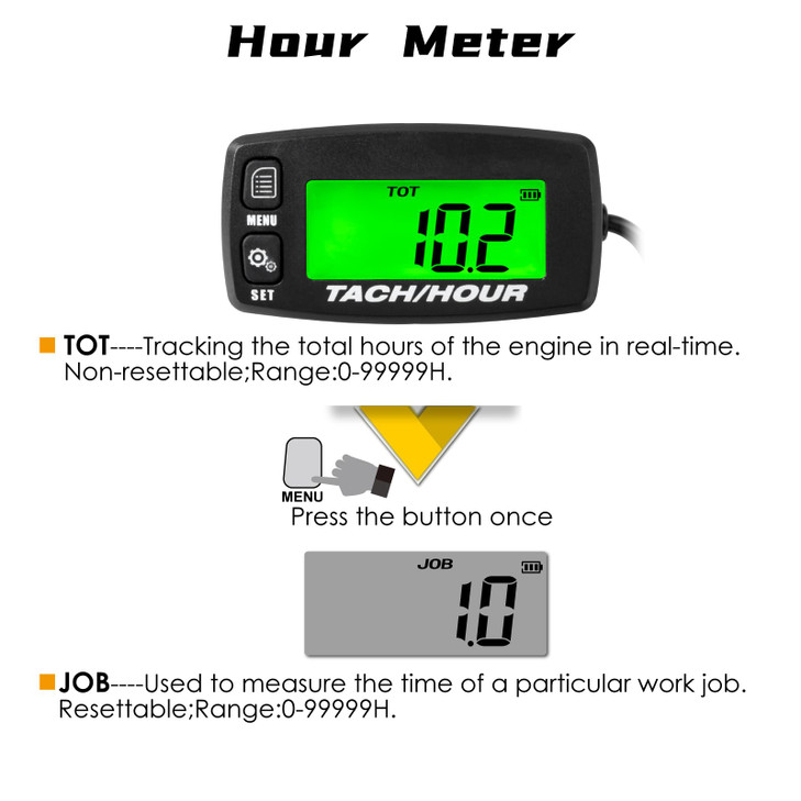 NInEROnG Self Powered Digital Tachometer Hour MeterInductive Maintenance Waterproof Backlit Shutdown TachHour MeterBatte