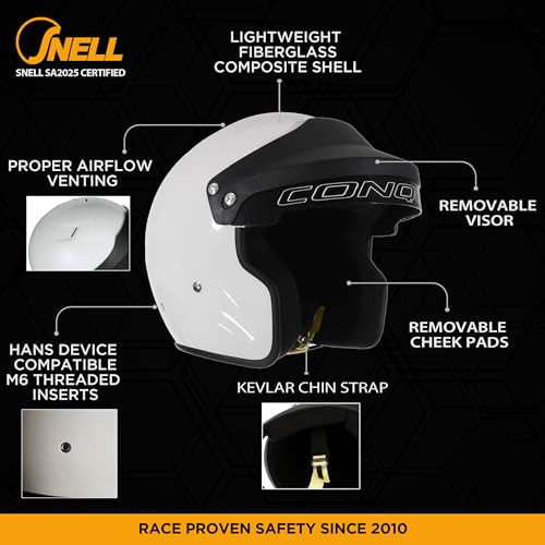 Conquer Snell SA2025 Approved Open Face Auto Racing Race Car Helmet Adult Men Women Youth Black White Silver