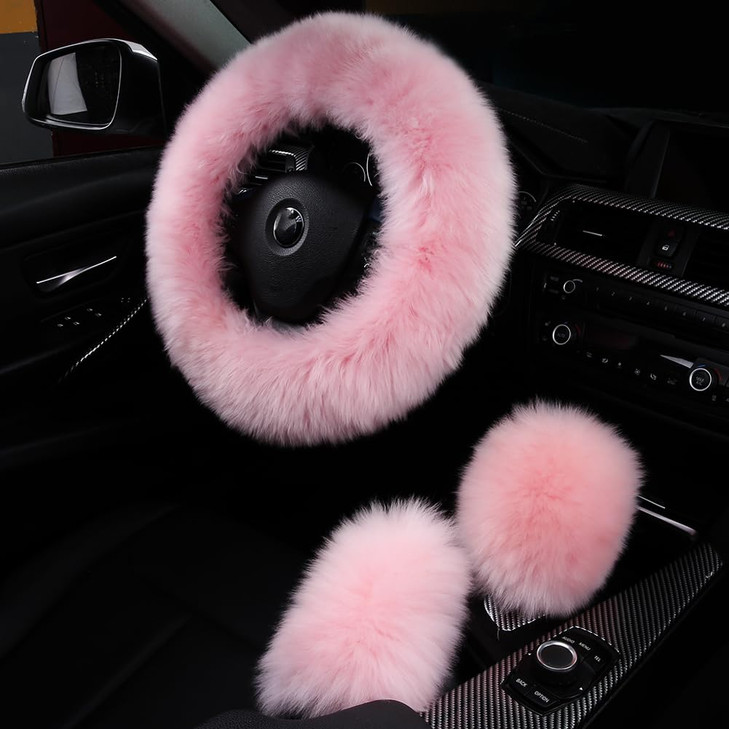 3Pcs Set Fashion Fluffy Fuzzy Wool Fur Soft Car Steering Wheel Cover with Handbrake Cover Gear Shift Cover for WomenGirl