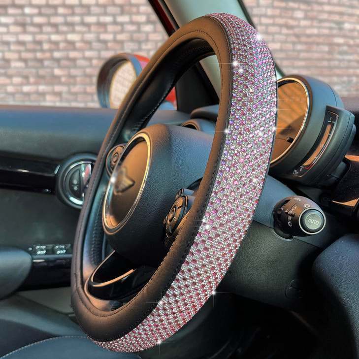 PINCTROT Bling Bling Comfy Steering Wheel Cover with Jumbo Crystal Rhinestones AntiSlip Diamond Leather Universal 15 Inc