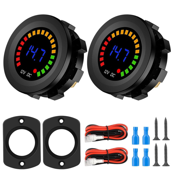 Linkstyle 2PCS Battery Voltage Meter Waterproof DC Volt Meter Gauge LED Digital Display Voltage Gauge Round Voltage Mete