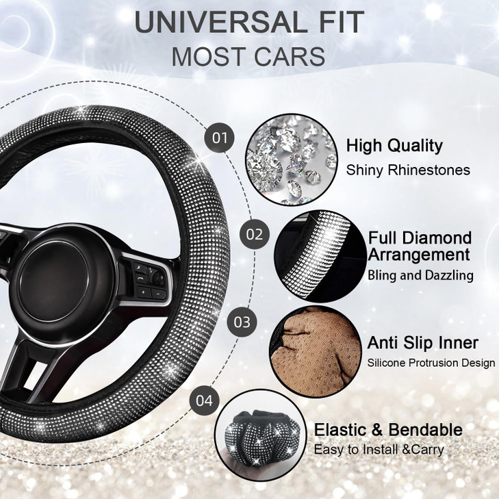 NBTEPEM 8 pcs Bling Car Accessories Set for Women Steering Wheel Cover Sparkly Seat Belt Covers Bling Gear Shift Cover U
