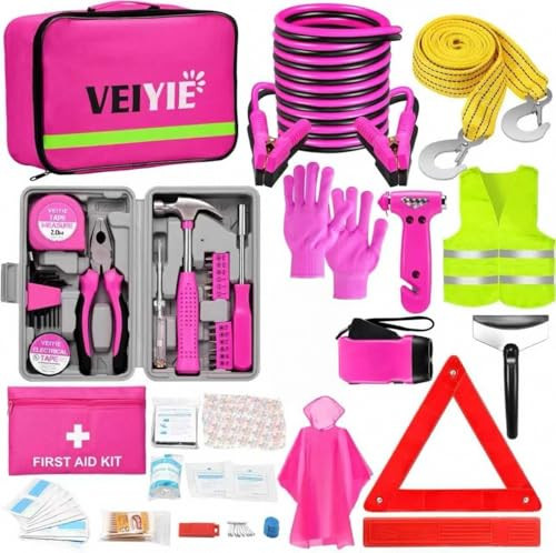 VEIYIE Roadside Emergency Car Kit for Vehicles Pink Car First Aid Kit Emergency Kit with Jumper Cables Car Safety Kits T