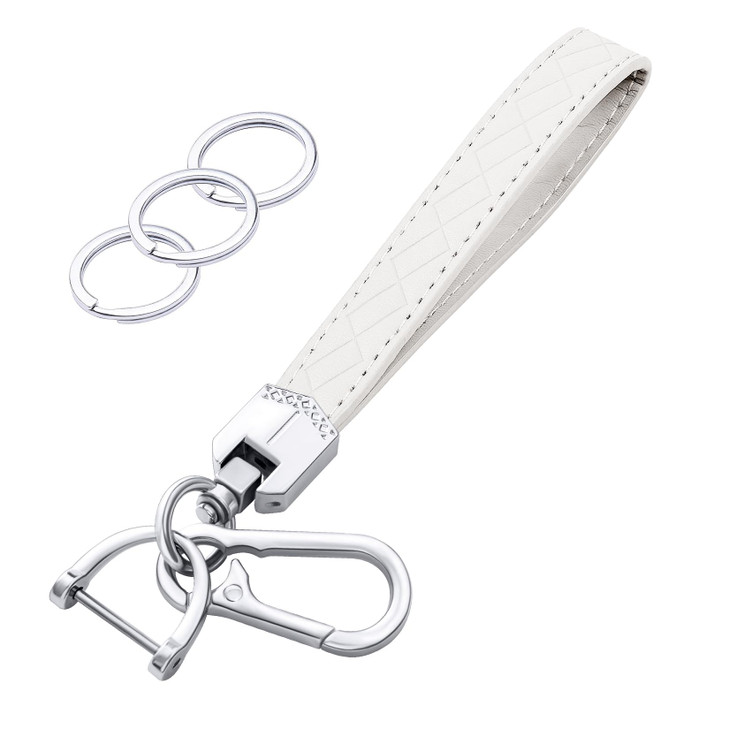OHKYOOT Leather Wristlet KeychainCar Key Chain Wrist Keychain with 3 Key Ring and AntiLost D Ring White Silver