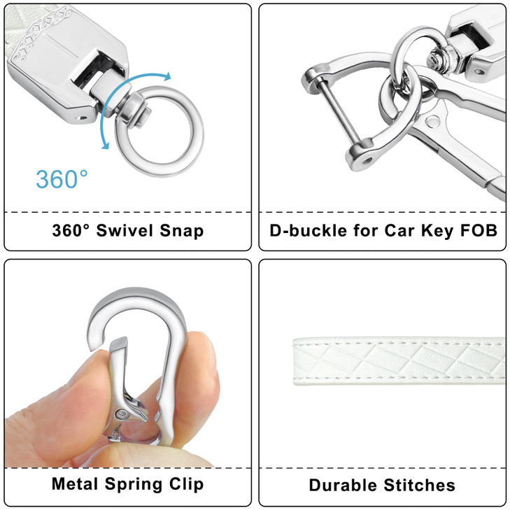 OHKYOOT Leather Wristlet KeychainCar Key Chain Wrist Keychain with 3 Key Ring and AntiLost D Ring White Silver