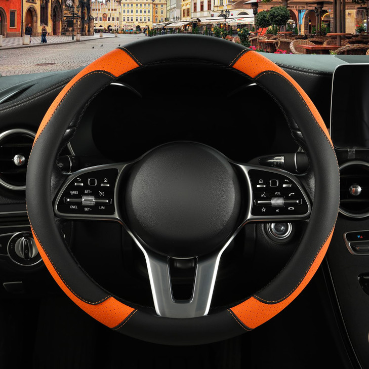 Binsheo Leather Steering Wheel Cover Breathable Anti Slip Odor Free Black and Orange