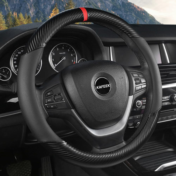 KAFEEK Car Steering Wheel Cover Men Universal 15 inch Microfiber Leather Carbon Fiber Black Steering Wheel Accessories A