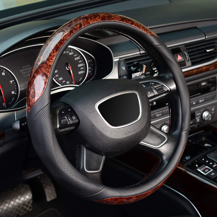 KAFEEK Wood Grain Steering Wheel Cover Universal 15 inch Microfiber LeatherAntiSlip Odorless
