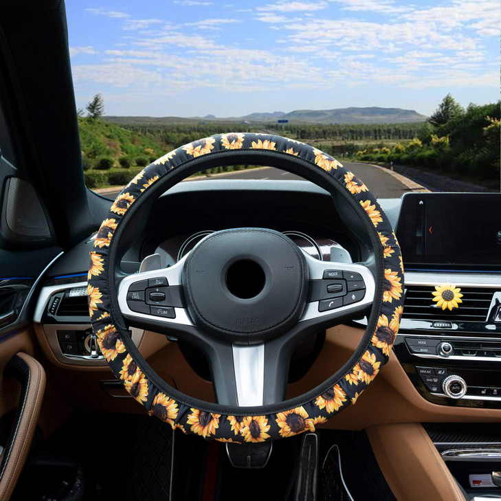 Ldntly 12PCS Sunflower Front and Rear Bench Seat Cover Full SetCar Accessories Sunflower Gifts for WomenSteering Wheel C