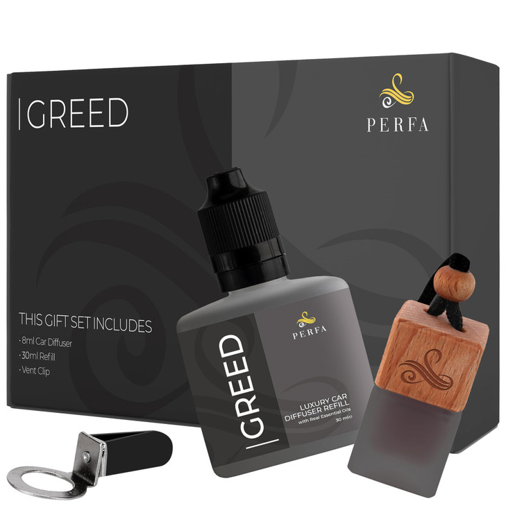 Greed Gift Set with Refill Bottle Perfume Inspired Car Fragrances Strong Car Freshener with Odour Eliminator Technology