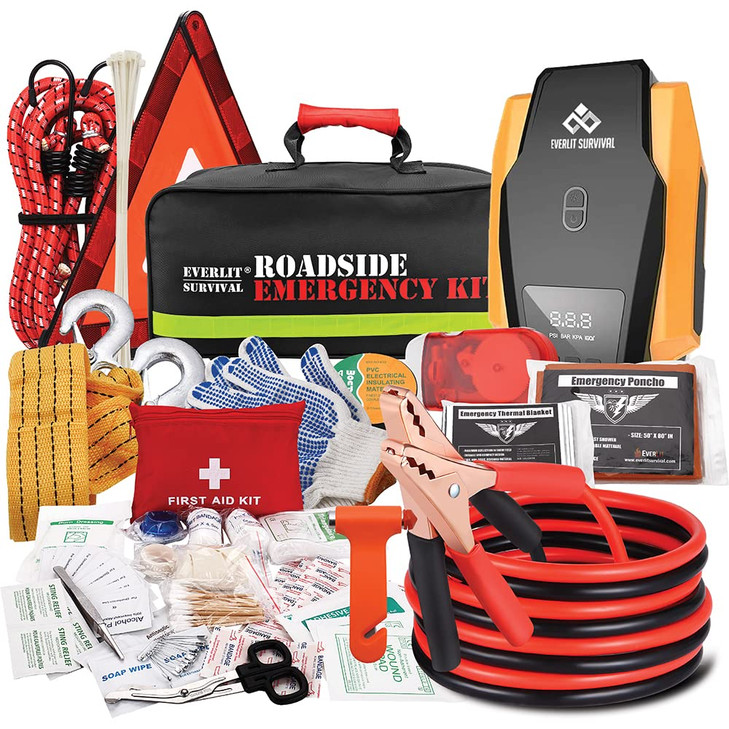 Everlit Survival Car Emergency Kit Roadside Safety Tool Kit with GlovesDigital Auto Air Compressor Tire Inflator First A