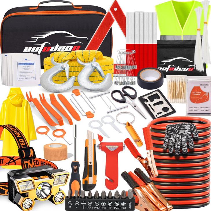 AUTODECO 126pcs Roadside Emergency Car Kit Auto Safety Kit Vehicle Outdoor Automotive Interior Kits with Jumper Cables