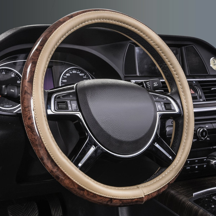 CAR PASS Wood Grain 14515 inch Microfiber Leather Steering Wheel Cover AntiSlip Veins Design Steering Wheel Universal Fi