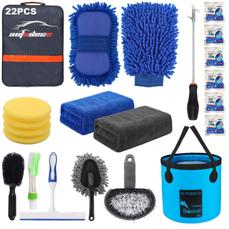 AUTODECO 22Pcs Car Wash Cleaning Tools Kit Car Detailing Set with Blue Canvas Bag Collapsible Bucket Wash Mitt Sponge To