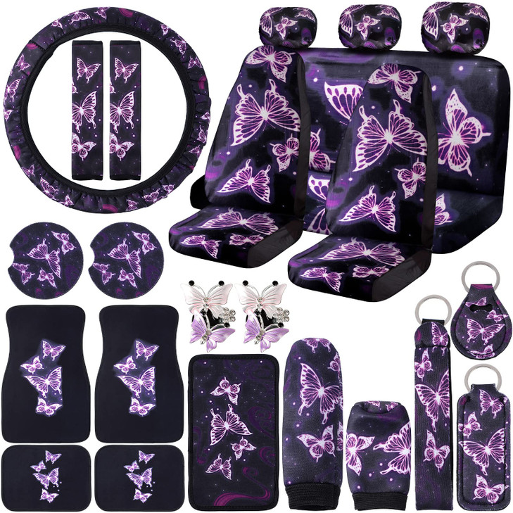 Frienda 24 PCS Butterfly Car Accessories Car Seat Covers Full Set Floor Mats Steering Wheel Cover Seat Belt Pads Center