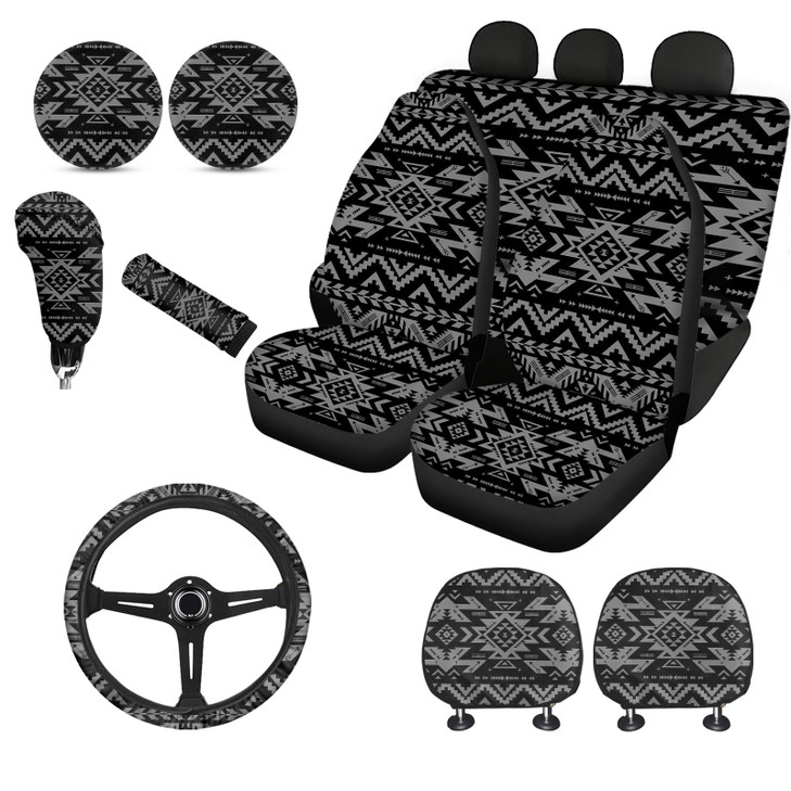 Wanyint Black Aztec Print Car Seat Cover for Women Men Full Set Steering Wheel Cover Shift Knob Handbrake Protector Coas
