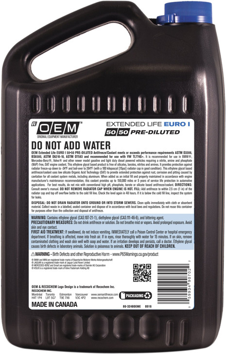 Recochem OEM European Vehicles Premium Antifreeze 5050 Extended Life Coolant Euro I Blue 1 Gallon 1 Pack