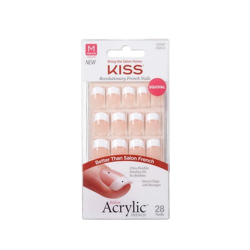 KISS Salon Acrylic, Press-On Nails, Nail glue included, 'Rumour Mill', White, Medium Size, Squoval Shape, Includes 28 Nails, 2g Glue, 1 Manicure Stic