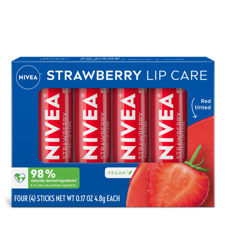 NIVEA Strawberry Lip Care Red Tinted Lip Balm Pack with Shea Butter Nourishing Oils and Vitamin C E 3in1 Moisture Repair