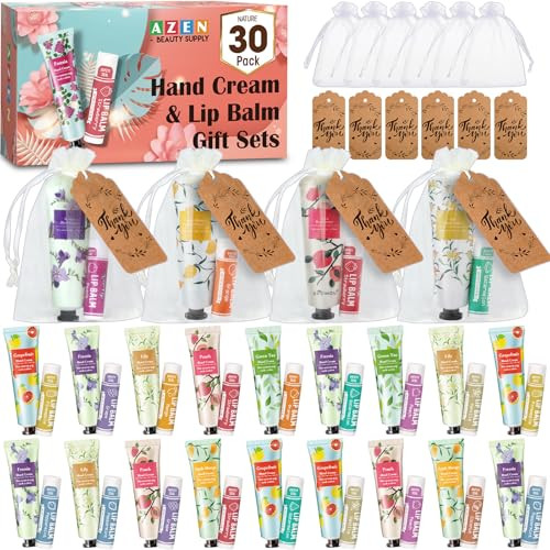 AZEN 30 Sets Bulk Gifts Hand Cream and Lip Balm Bulk Set with Organza Bag Thank You Card Baby Shower Wedding Gifts for G