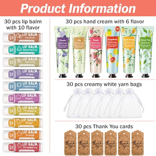 AZEN 30 Sets Bulk Gifts Hand Cream and Lip Balm Bulk Set with Organza Bag Thank You Card Baby Shower Wedding Gifts for G