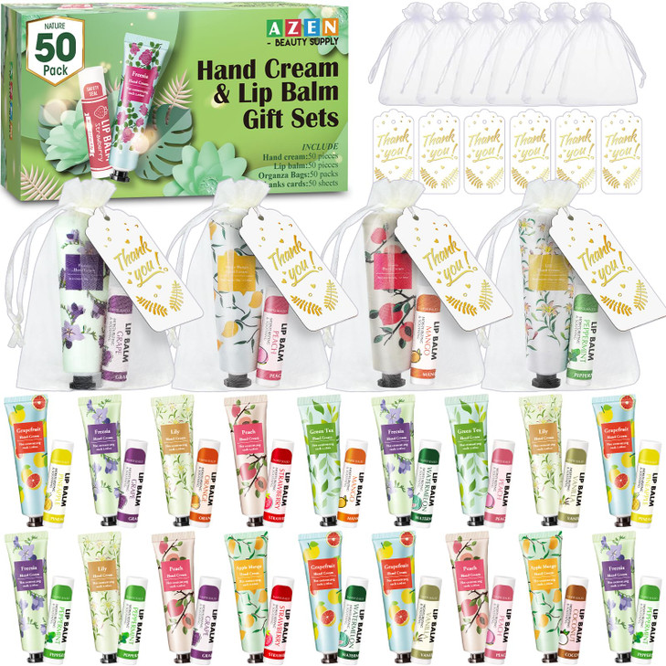 AZEN 50 Sets Bulk Gifts Hand Cream and Lip Balm Bulk Set with Organza Bag Thank You Card Baby Shower Wedding Gifts for G