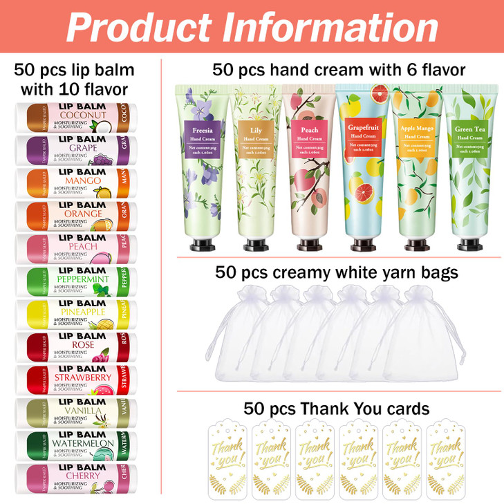 AZEN 50 Sets Bulk Gifts Hand Cream and Lip Balm Bulk Set with Organza Bag Thank You Card Baby Shower Wedding Gifts for G