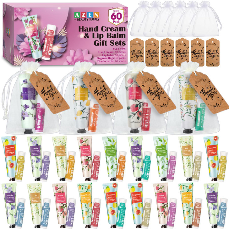 AZEN 60 Sets Bulk Gifts Hand Cream and Lip Balm Bulk Set with Organza Bag Thank You Card Baby Shower Wedding Gifts for G