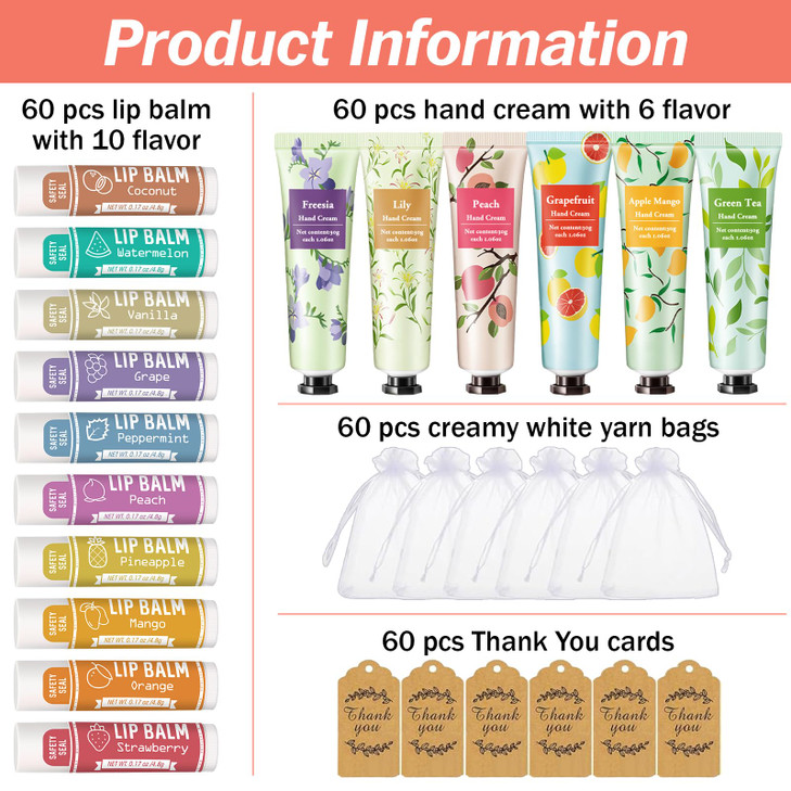 AZEN 60 Sets Bulk Gifts Hand Cream and Lip Balm Bulk Set with Organza Bag Thank You Card Baby Shower Wedding Gifts for G